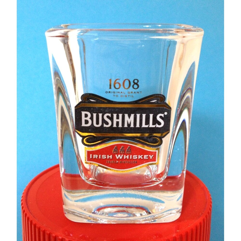 Vintage Bushmills 1608 Irish Whiskey Shot Glass Square Heavy Glass